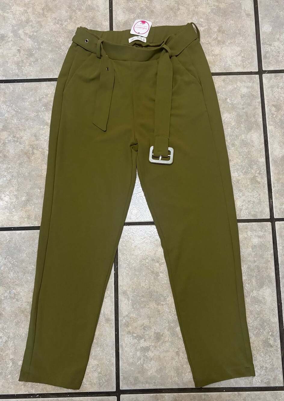 Active Usa Paperbag Waist Trousers Size S Olive Green Belted Pants